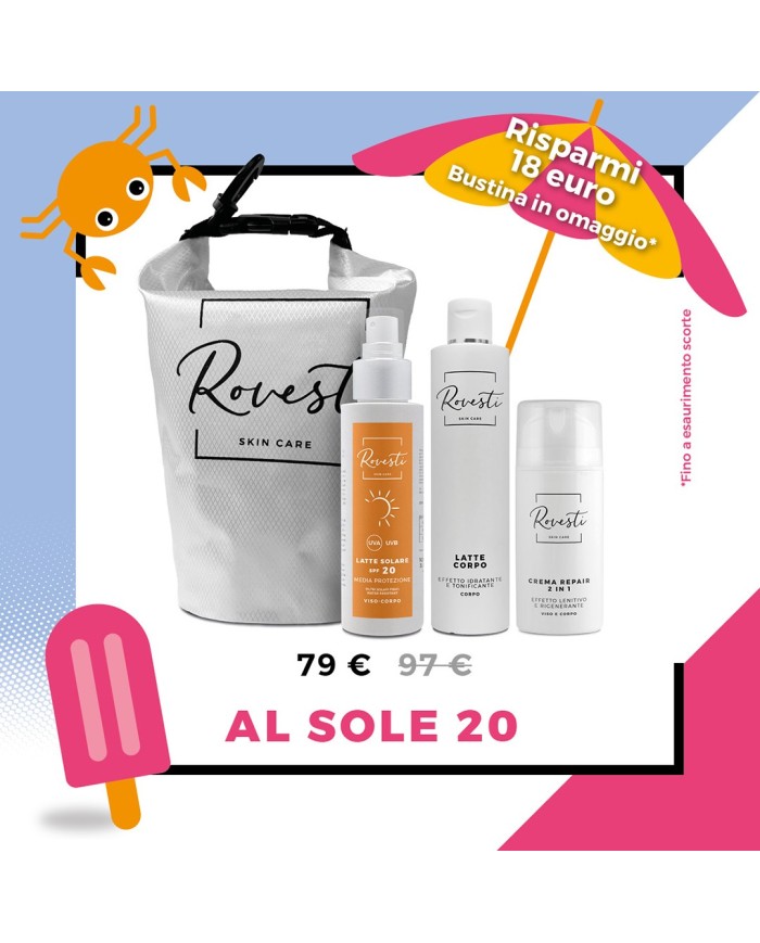 filtri solari fisici SPF20 per un’abbronzatura uniforme in piena sicurezza. Idratazione rigenerazione in caso di scottatura.