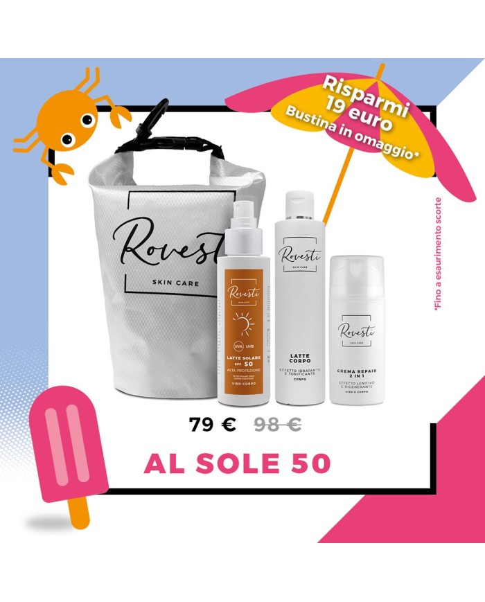 filtri solari fisici SPF50 per un’abbronzatura uniforme in piena sicurezza. Idratazione rigenerazione in caso di scottatura.
